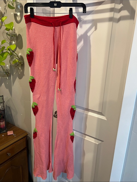 Dolls Kill Pants - Dolls Kill Pink Knit Strawberry Flared Joggers with Red Waistband
